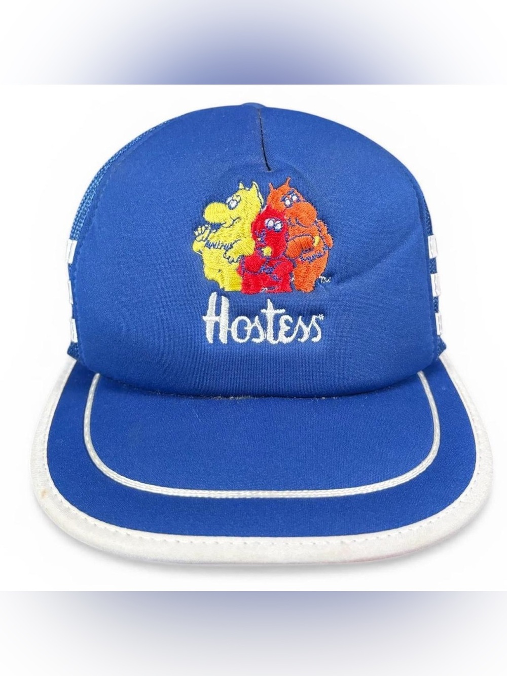 Vintage 80s Hostess Chips Three Stripe Snack Promo Snapback Trucker Hat Blue